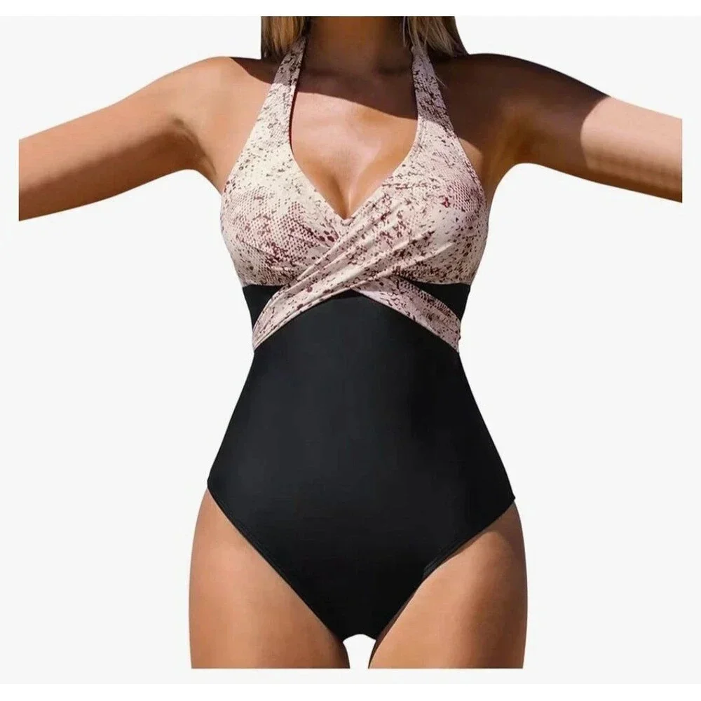Cupshe Womens Halter One Piece Swimsuit XL Bathing Suit Black & Pink Snake Print